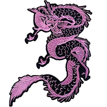 Imagem de Aplique bordado de dragão grande para costurar, 34 cm, adequado para jeans, jaquetas, roupas, bolsas (rosa)