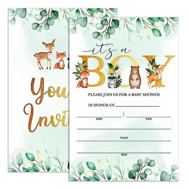 Imagem de UDNADKEX Convites de chá de bebê para menino floresta com envelopes, convites para chás de bebê, vegetação de festa, animais florestais, cartões de convite para chá de bebê, It's A Boy 10 x 15 cm,