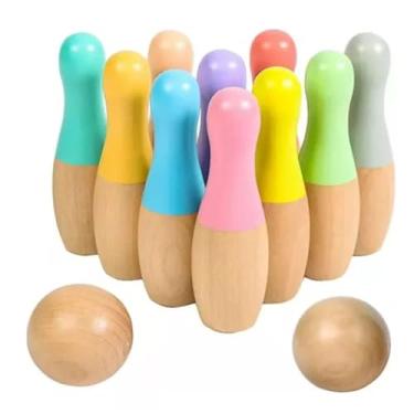 Imagem de Jogo De Boliche Madeira L Brinquedo Com 10 Pinos