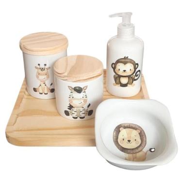 Imagem de Kit higiene bebê Safari 5 pçs - Porcelana Tampas e Bdj Pinus - Antilop
