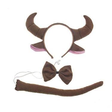 Imagem de BinaryABC Conjunto de fantasia de chifres de touro para cosplay de Halloween, conjunto de tiara de chifre de boi, conjunto de gravata borboleta, adereços de festa de Halloween