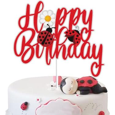 Imagem de Ladybug Happy Birthday Cake Topper Red Glitter Daisy Spring Ladybug Birthday Cake Decor Garden Bugs Little Ladybug Themed Birthday Party Supplies for Girls