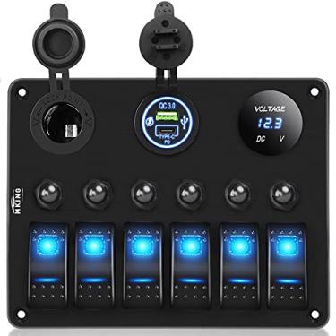 Imagem de MKING Painel de interruptor basculante para barco com 6 entradas à prova d'água protetor de sobrecarga 12-24V LED voltímetro digital + USB duplo (QC 3.0 e tipo-C) + soquete de isqueiro para barco, marinha, UTV, caminhão, carro