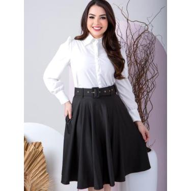 Imagem de Saia Midi Godê Social Elegante com Cinto Evangélico - Fashion, Preto, 