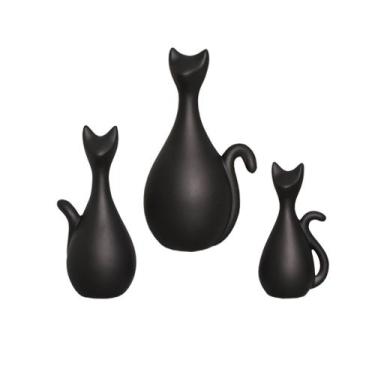 Imagem de Estatueta Família de Gatos em Cerâmica Decorativo Home Preto Fosco - S