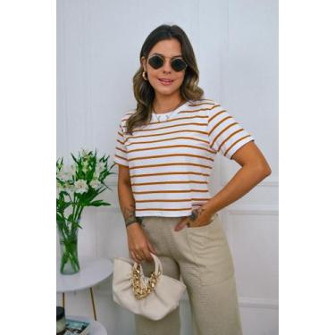 Imagem de Cropped de Algodão Listrado Livia - B&C Fashion, M, Mostarda