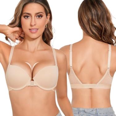 Imagem de Women's Push Up Bra Front Closure Padded Bra Add 2 Cups Plunge T-Shirt Bras Underwire Beige 36B