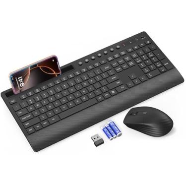 Imagem de Trueque Combo de teclado e mouse sem fio – teclado silencioso de tamanho completo com apoio para as mãos, suporte de telefone, teclas multimídia, interruptor de energia, compatível com Windows, Chrome