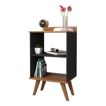 Imagem de Mesa de Cabeceira Quarto Mesinha Armário Apoio Leitura Lateral Cama Box Casal Nicho Decoração Pés Retrô Charmosa Sleep Siena - Preto/Freijó