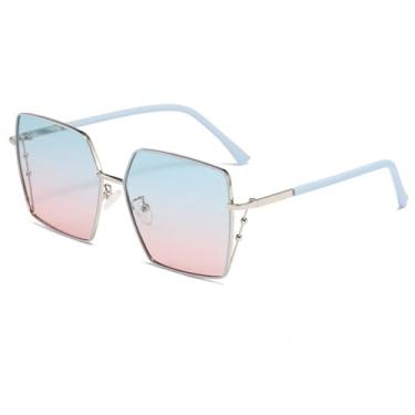 Imagem de HCPIHF Óculos de sol polarizados femininos, óculos de sol anti-UV de metal, armações de óculos de polígono, viseira masculina, azul e vermelho, tamanho único