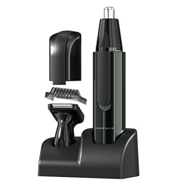 Imagem de PERRY ELLIS Kit de cuidados masculinos sem fio com suporte | Aparador de barba para homens com 2 cabeças intercambiáveis | Aparador de pelos de sobrancelha, costeletas, orelhas e nariz para homens |