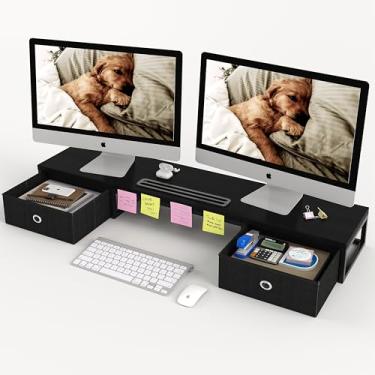 Imagem de Suporte para monitor duplo com 2 gavetas – Suporte grande para 2 monitores, organizador de mesa de madeira perfeito para mesa de escritório em casa, computador, laptop, TV, preto