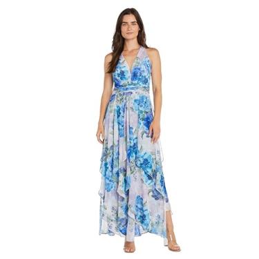 Imagem de R&M Richards Vestido maxi de chiffon rodado com estampa floral e saia em camadas com babados, Azul/Lavanda, 52