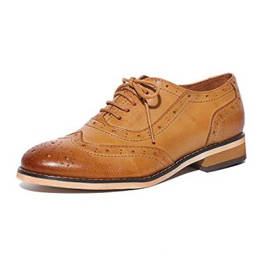 Imagem de Mona flying Sapato feminino de couro perfurado com cadarço Oxfords Brogue Wingtip Derby feminino, Marrom-1, 40