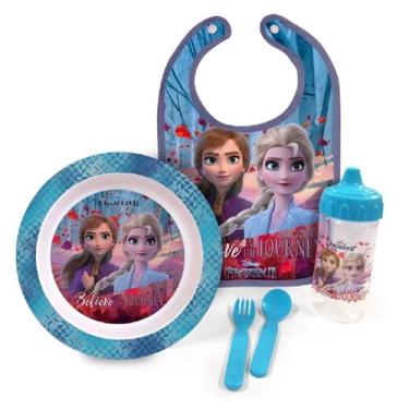 Imagem de Kit Refeição Alimentação Frozen Bebê Prato Colheres Copo Babador Com P