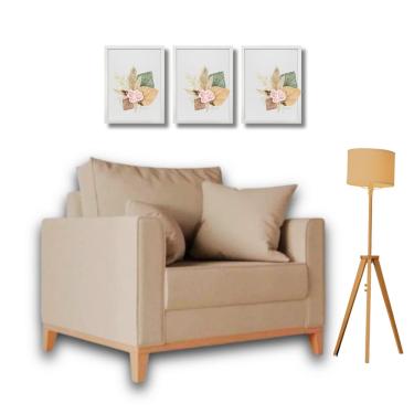 Imagem de  Poltrona Beny Individual em Linho, Base em Madeira, Com 2 Almofadas