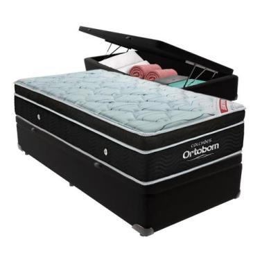 Imagem de Cama Box Baú Solteiro Preto + Colchão Elegant Molas Ensacadas Ortobom