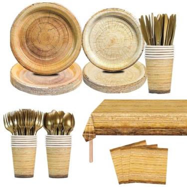Imagem de Conjunto de louça de fatia de madeira para acampamento, 117 peças, suprimentos de madeira rústica, pratos de papel, guardanapos para decorações de festa de aniversário com tema de floresta, serve 16