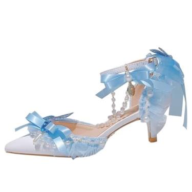 Imagem de STARSHINE RESPLENDENT Sapatos femininos de salto alto Lolita com laço de renda azul com franja de pérola, alça de pulso para formatura feminina salto agulha sandálias vazadas de salto médio para