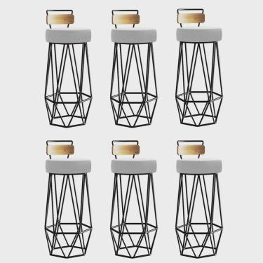 Imagem de Kit 06 Banqueta Com Encosto Botti Hexágono Cozinha Peroba Rosa Ferro Preto Sintético Branco - Ahz Móveis