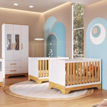 Imagem de Quarto de Bebê com 2 Berço Mini Cama Guarda Roupa 3 Porta 2 Gavetas com Janela Popy Retrô Peroba