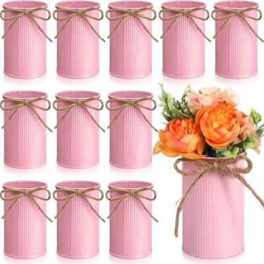 Imagem de Domensi Vaso de fazenda pequeno de 11 cm para decoração de vaso de flores vintage com laço de barbante baldes rústicos de metal galvanizado para flores artificiais para mesa de centro de mesa e