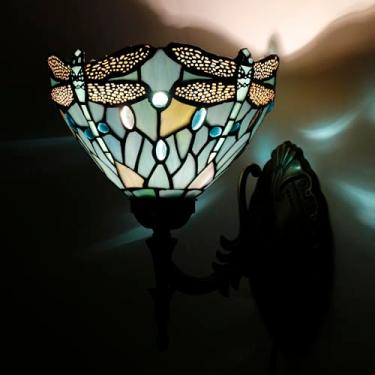 Imagem de WXCFCD Luminária De Parede Tiffany, Vitral Azul-Marinho, Estilo Libélula, 8 X 10,5 X 11 Polegadas, Luminária De Cabeceira Para Corredor E Quarto
