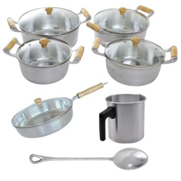 Imagem de Jogo de Panelas Frigideira Canecão 6 Pçs Alumínio Batido Fundido Tampa de Vidro Cabo de Marfim Envernizado Cozinha Moderna Qualidade Profissional