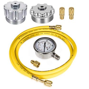 Imagem de Kit de teste de pressão de combustível/óleo com tampa de filtro de combustível/óleo de alumínio, medidor de pressão de combustível e kit de mangueira para 2003-2007 Ford 6.0L Power Stroke Diesel