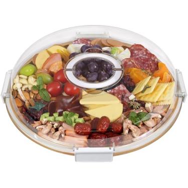 Imagem de Tábua de charcutaria redonda com tampa transparente, caixa de charcutaria portátil para piquenique de viagem, bandeja para servir carne e frutas, presentes para casa nova, presentes para mulheres