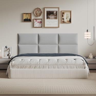 Imagem de MAQQL Cabeceira de linho removível cinza claro portátil 61 x 30 cm kit de 6 painéis - design eficiente para camas queen, sem necessidade de ferramentas