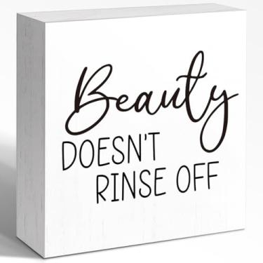 Imagem de WUZYOU Decoração de parede de caixa de madeira de banheiro engraçada, Beauty Doesn'T Rinse Off Wood Block Signature, decoração bem-humorada para banheiro, banheiro, mesa, prateleira