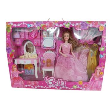 Imagem de Bella Boneca Fashion com Vestido de Princesa, Penteadeira e Acessórios, Set de Brinquedo para Meninas