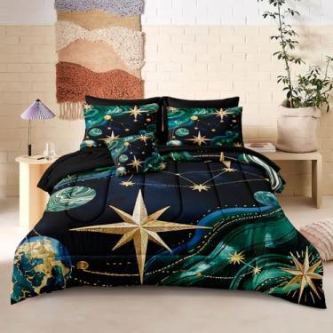 Imagem de Merryword Conjunto de edredom King com sol e lua verde, 8 peças, universo, planeta, edredom celestial