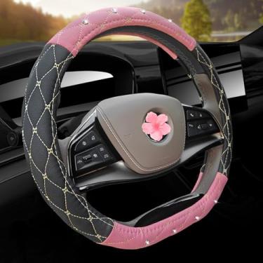 Imagem de Capa de volante de couro, respirável, antiderrapante, preto, branco, ajuste universal, protetor de roda de carro de 35.6 cm 1/5.1-38.1 cm para mulheres, meninas, SUVS, Sedans, carros, caminhões (rosa
