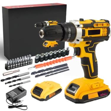 Imagem de Parafusadeira Furadeira 21V com Kit Maleta e Duas Baterias, 28 Peças (amarelo-2 Baterias-21V(30PCS))