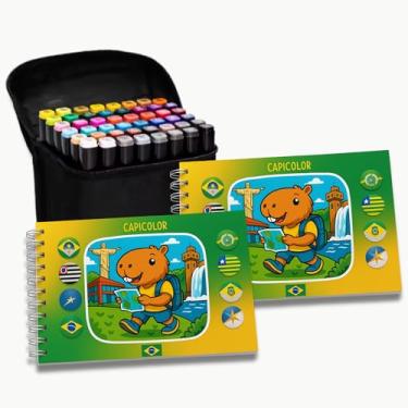 Imagem de Kit 2 Livros de Colorir CAPICOLOR Viagens pelo Brasil + Canetinhas 48 Cores Papel Grosso Capa Dura
