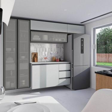 Imagem de Cozinha Modulada 5 Peças 3 Aéreos 1 Balcão 1 Cristaleira Nara Cabecasa Madeiramadeira Cinza Claro