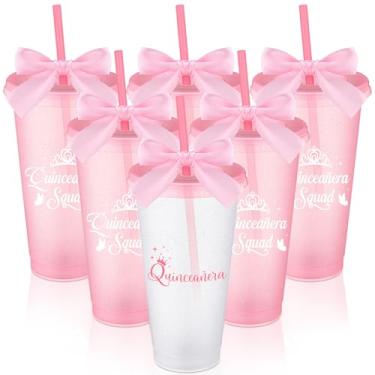 Imagem de Jingmore Conjunto de 6 copos reutilizáveis de lembrancinhas de festa de quinze anos com canudo e laço de tampa 680 g Recuerdos Para 15 anos Quinceañeras Copo de plástico Quinceanera Quince Anos Party