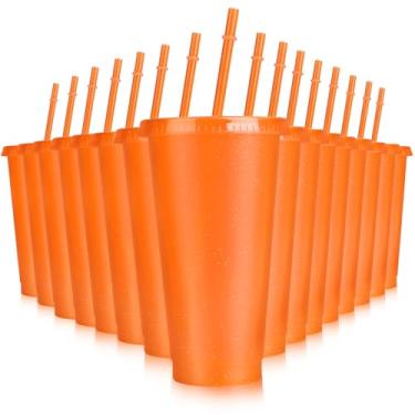 Imagem de Hxezoc Copos Reutilizáveis Com 16 Peças, Tampas E Canudos, Copo De Plástico Glitter 24 Oz, Canecas Viagem Para Café Gelado, Smoothies, Sucos, Praia, Despedida Solteiro (Laranja)