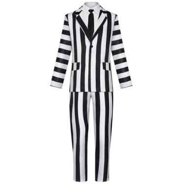 Imagem de Terno listrado preto e branco masculino para Halloween, filme assustador, comédia, cosplay, conjunto de calças, Preto, 3G