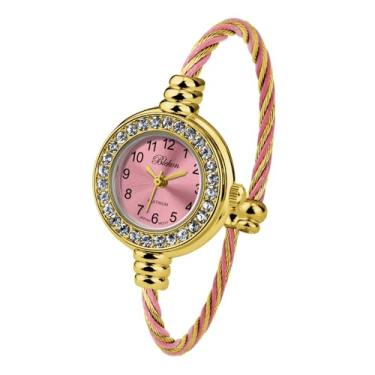 Imagem de Blekon Collections Relógio feminino de pulso com mostrador analógico redondo com números árabes, 23 mm, pulseira de arame, relógio feminino elegante, Strass ouro/rosa, Casual, clássico, elegante,