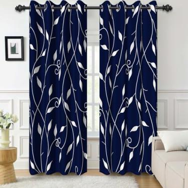 Imagem de Cortinas blecaute azuis profundas para quarto, cortinas de janela com estampa de folhas 213 cm de comprimento, conjunto de 2 painéis, cortinas de janela com isolamento térmico com redução de ruído