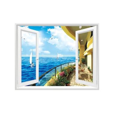 Imagem de Paisagem Impressões em Tela-Barco mar-Janela Falsa Quadro de Parede-Natureza Pintura para Decoração Banheiro 60x80cm Sem Moldura