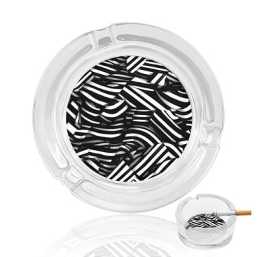 Imagem de Cinzeiro de vidro de cristal com linhas pretas e brancas, cinzeiro redondo para fumar de vidro resistente, portátil, decorativo, moderno, para uso em casa, escritório, interior, exterior, pátio
