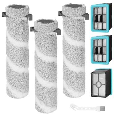 Imagem de MAKKULN Peças de substituição de filtro de escova 4111A para limpador de piso rígido multisuperfície Bissell CrossWave Edge 4111A, aspirador de pó seco e úmido, 3 rolos de escova, 3 filtros, número de