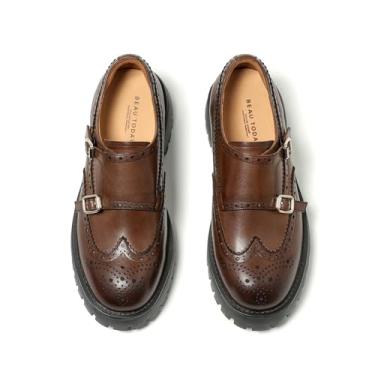 Imagem de BEAU TODAY Mocassins Chunky Para Mulheres, Plataforma De Couro Femininos, Sapatos Brogues Monk Strap, Sola Arrasto, Sem Cadarço, Biqueira Asa, Casual, Negócios, Confortável, Elegante, Marrom, Eua 8