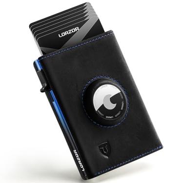 Imagem de LORZOR Carteira AirTag – couro de flor integral, carteira masculina minimalista com suporte para Apple Air, capa para cartão pop-up inteligente, janela para identidade, bloqueio RFID, bolso frontal