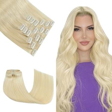 Imagem de Honsoo Extensões de cabelo humano loiro platinado 120 g 40 cm 7 peças trama dupla natural sem queda sem emaranhamento extensões de cabelo humano Remy espessas extensões de cabelo sedoso para mulheres