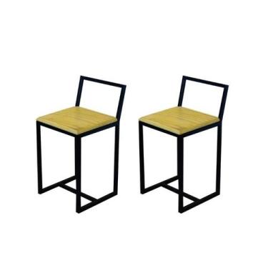 Imagem de Jogo 2 Banqueta Baixa Para Cozinha Madeira Natural Preta Industrial - 